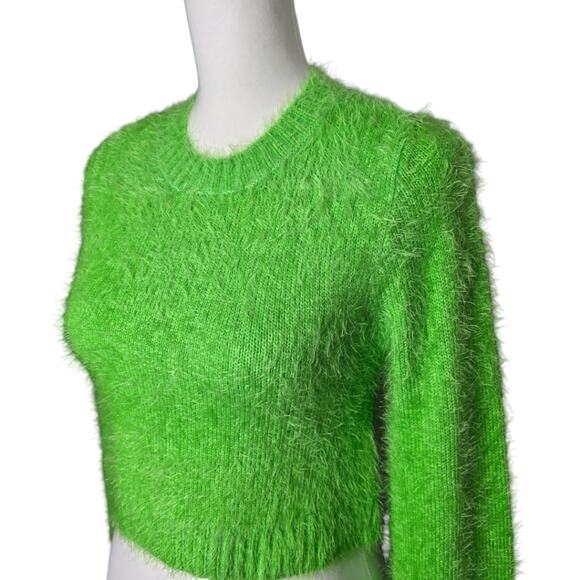 Show Me your MuMu Cropped Varsity Sweater Bright Green Fuzzy Size XS - Picture 2 of 7